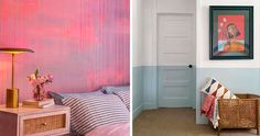 a bedroom with pink and blue walls next to a painting on the wall above a bed