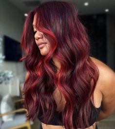 Fire Red Balayage Hair, Red Hair With Blue Underneath, Red Long Hairstyles, 2 Tone Red Hair, Red Winter Hair, Red Hair With Lowlights Dark, Two Tone Red Hair Color Ideas, Dark Red Hair Balayage, Maroon And Blonde Hair