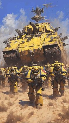 a group of men in yellow and black uniforms are walking through the desert with tanks behind them