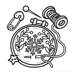 a black and white drawing of an alarm clock with snowflakes on the front