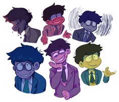 four cartoon characters with different facial expressions and hair styles, all in suits and ties