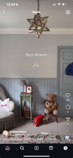 the room is decorated with teddy bears and other things to see on the phone screen