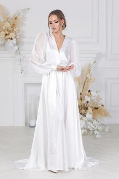 Bridal robe for bride with Train for the Perfect Wedding Morning!Luxury robe for women for wedding moning! Get ready for your big day in this exquisite bridal lace wedding robe with train. Made from delicate lace and featuring a stunning train, this robe is the perfect choice for any bride's wedding morning.  Long bridal robe with train  and Delicate Bridal Lace Details!  Bride Maxi robe  for Your Wedding Day! Make your wedding day even more special with this floor-length white bridal robe. Feat Morning Luxury, Robe For Bride, White Bridal Robe, Long Bridal Robe, Satin Bridal Robe, Gown Simple, Robe For Women, Wedding Robes, Luxury Robes