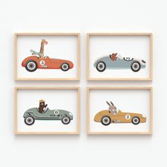 Vintage Animal Racing Car Boys Nursery Wall Art Print CLICK HERE FOR DIGITAL PRINTABLE VERSION: https://www.etsy.com/au/listing/1703040799/vintage-race-car-nursery-prints-baby-boy A delightful collection of animals racing cars in neutral colors.  Cute bunnies, giraffes, and foxes make this fun wall art set sure to bring charm to your little boy's nursery or bedroom. Ready to be framed by you. Frames can be found in most homewares stores. DISPATCH for our prints  will be within 72hrs Monday to Fr Classic Car Nursery, Race Car Nursery, Bright Nursery, Vintage Wall Art Prints, Car Nursery, Race Car Themes, Jungle Wall Art, Car Theme, Nursery Wall Art Boy