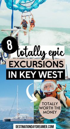 2 Women parasailing over blue water with words written overtop ' 8Totally Epic Excursions in Key West' Must Do In Key West, Flordia Keys, Key West Activities, Key West Florida Snorkeling, Key West Travel Guide, Traveling Hacks, Carnival Conquest, Miami Key West