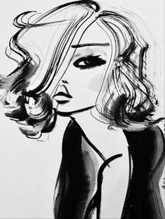 a black and white drawing of a woman's face with her hair blowing in the wind