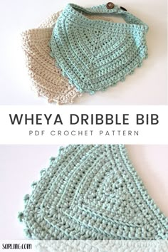 two crocheted dishcloths are shown with the words, wheyadribble bib