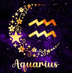 the zodiac sign aquarius on a purple background with gold stars and swirls around it