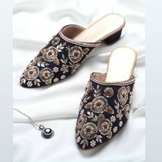 Mules for your special day. Beautiful and comfortable. 😍 Heel size : 1 inch Traditional Embellished Heels For Spring, Traditional Closed Toe Mules For Festive Occasions, Luxury Traditional Mules With Pointed Toe, Spring Traditional Embellished Heels, Summer Heels With Gota Work, Traditional Open Toe Heels With Floral Embroidery, Elegant Party Sandals With Gota Work, Traditional Embroidered Closed Toe Mules, Luxury Embellished Party Mules