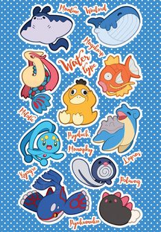 various cartoon stickers on a blue background