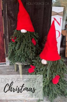 two christmas trees with red hats on them