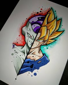 a drawing of gohan from dragon ball is shown in the image, and it appears to be painted on paper