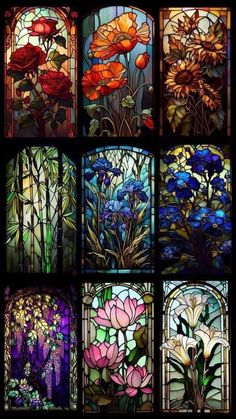 six stained glass windows with flowers and plants in the window sill, all different colors