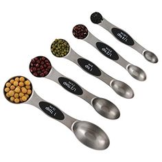 six spoons with different types of food in them