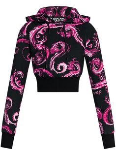 black/pink cotton jersey texture Watercolour Couture print drawstring hood drop shoulder long sleeves ribbed cuffs and hem cropped Black Tweed, Versace Jeans Couture, Versace Jeans, Classic Outfits, Hoodie Top, Pink Cotton, Cropped Hoodie, Active Wear For Women, Black Hoodie