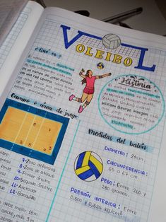 an open book with pictures of volleyball players and words on the front cover that read volleyibo