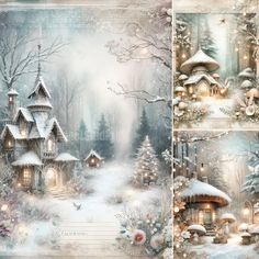 a christmas scene with snow covered houses and trees