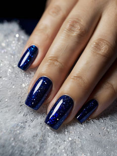 Blue With Sparkles Nails, Navy Glitter Nails, Md Nails, Black And Blue Nails, Chunky Glitter Nails, Classic Nail Designs, Vegas Nails, Blue Glitter Nails, Chic Nail Art