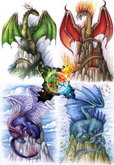 four different colored dragon tattoos on white paper