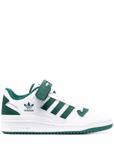 White/green leather Forum Low lace-up sneakers from adidas featuring logo print to the side, signature monofilament side-stripe detail, contrasting heel counter, front touch-strap over lace-up fastening, round toe and flat rubber sole.