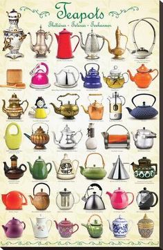 teapots and kettles are shown in this poster, with the names on them