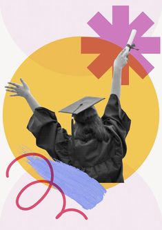 a person in a graduation cap and gown with their arms raised up to the sky