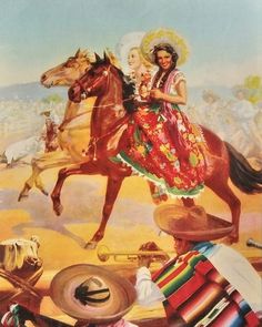 a painting of a woman riding on the back of a horse next to other items