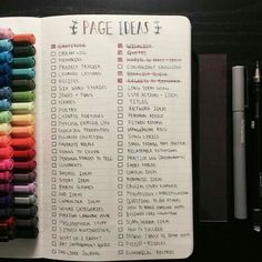 an open book with markers and pens on the pages next to it is a list of page ideas