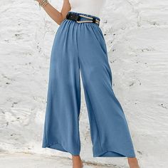 QLEICOM Womens Slacks Women's Relaxed Fit Straight Leg Pants Solid Cotton Linen Drawstring Elastic Waist Long Wide Leg Pants Work Cargo Casual Pants Wide Leg Pants Relaxed Fit Trousers Color: Blue.  Gender: female.  Age Group: adult. Versatile Non-stretch Blue Bottoms, Spring Ankle-length Blue Bottoms, Blue Ankle-length Pants For Spring, Blue Ankle-length Spring Pants, Blue Ankle-length Bottoms For Spring, Blue Ankle-length Bottoms With Elastic Waistband, Blue Ankle-length Solid Color Bottoms, Ankle-length Blue Pants With Elastic Waistband, Blue Ankle-length Pants With Elastic Waistband