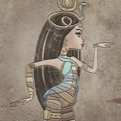 an ancient egyptian woman painted on the side of a wall with gold and blue accents