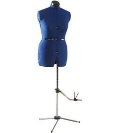 a mannequin is standing on a metal tripod and has a blue top