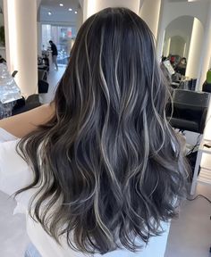 Hair Highlights Streaks, Dark Hair With White Highlights Underneath, Dark Hair With Ashy Balayage, High Contrast Babylights, Black And Ashy Hair, Ash Streaks On Black Hair, Highlight Streaks Black Hair, Black Hair With Skunk Highlights, Dark Hair W Low Lights