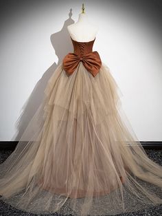 Organza Prom Dress With Long Train, Fitted A-line Gown With Tulle Skirt, Organza Dress With Long Train For Prom, Fitted Organza Dress With Long Train, Tulle Dress With Long Train For Banquet, Fitted A-line Dress With Tulle Skirt, Brown Floor-length Wedding Dress, Prom Dress With Tulle And Long Train, Tulle Prom Dress With Long Train