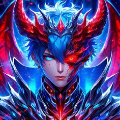 an anime character with blue hair, red eyes and horns on his head in front of a