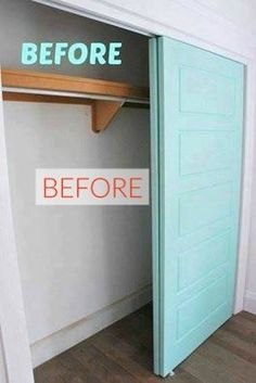 an open closet door with the words before and after painted on it's side