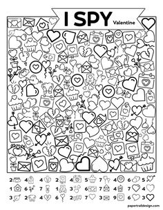 i spy valentine's day coloring page with lots of hearts and other things to color