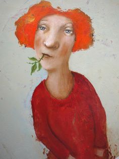 a painting of a woman with red hair and a rose in her mouth