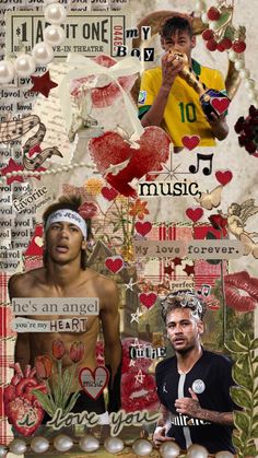 collage of two men with different images and words on them, one is holding a microphone