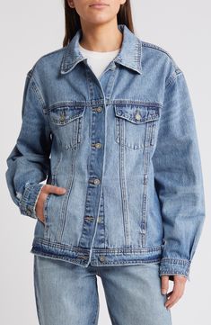 Tap into the oversized trend with this roomy denim jacket featuring eye-catching distressing for rugged character. Front button closure Spread collar Chest button-flap patch pockets Unlined 100% cotton Machine wash, tumble dry Imported Oversized Denim Outerwear With Frayed Hem, Oversized Denim Blue Jacket With Frayed Hem, Oversized Medium Wash Denim Jacket With Button Closure, Oversized Medium Wash Denim Jacket, Oversized Denim Jacket With Button Closure, Oversized Distressed Denim Jacket In Medium Wash, Oversized Washed Denim Jacket In Medium Wash, Oversized Button-up Denim Jacket, Relaxed Fit Denim Jacket With Frayed Hem And Button-up