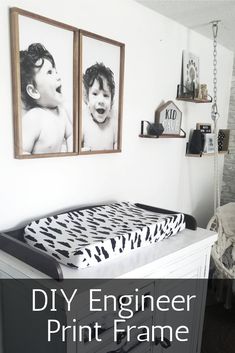 a baby's crib with the words diy engineer print frame above it