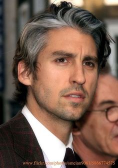 George Lamb, White Streak In Hair, Larry Lamb, Silver Hair Men, White Hair Men, Dorian Grey, Black And Grey Hair, Gray Streaks