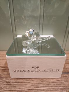 a glass box with an object in it on a wooden table next to a wall