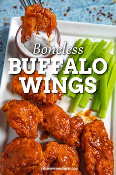 the cover of boneless buffalo wings with green beans and celery on a white plate