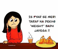 a woman sitting at a table with food and drink in front of her, saying is pyrr se meri taraf na peko weight bad?