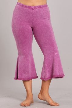 Perfect for summer! Mineral wash cropped bell flare pants with seam detail, lace trim, and elastic waistband. Each item is hand-dyed for its unique character and american vintage laundered look,should expect variations in color and finishing. Pink Flare Denim Bottoms, Retro Flared Pink Bottoms, Pink Bell Bottoms Western, Purple Bell Bottom, Pink Bell Sleeve Top, Flare Pants, American Vintage, Lace Trim, Hand Dyeing