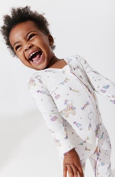 Your little one will love the fit and feel of this footie that converts to pajamas for day and night comfort. Cut from fabric made specially for sensitive skin, this fun piñata-print style will be a play-all-day, sleep-all-night favorite. This item is designed to fit snugly, as it is not flame-resistant   Fold-over cuffs on sizes Newborn to 3–6 months help prevent accidental scratches   95% rayon, 5% spandex   Machine wash, tumble dry   Imported   OEKO-TEX®–certified materials free of harmful su Bamboo Onesie, Footie Pajamas, Party Animals, Footie Pajama, Baby Pajamas, Pajama Party, Bamboo Fabric, Gifted Kids, Hand Drawn Design