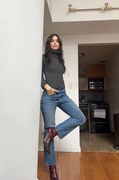 Stilleto Boot Outfit, Winter Going Out Shoes, Holiday Corporate Party Outfit, Thanksgiving Outfit Inspiration, Turtle Neck And Jeans Outfit, Lucy Albright Outfits, Casual Heels With Jeans, Pointy Toe Heels Outfit, 2024 Winter Outfit Trends