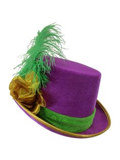 PRICES MAY VARY. STYLISH: Deluxe Mardi Gras purple velveteen top hat with gold fabric rose. Mardi Gras accessories for men and women. Includes Green Band, Green Synthetic Feather and Gold Rose. Great for Mardi Gras Holiday, Parades, Festivals, Parties, Halloween, Cosplay, Theater and more Quality Material and Comfort: our Mardi Gras top hats are made from quality purple velvet material, can be hand washed and dried easily, ensuring softness, lightness, you can enjoy a comfortable using experienc Feather Costume, Mardi Gras Hats, Green Feather, Tuxedo Women, Mardi Gras Costumes, Mardi Gras Carnival, Fancy Costumes, Rose Green, Man Party