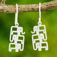 Brushed Sterling Silver Three-Elephant Dangle Earrings - Elephant Pyramid | NOVICA Gold Bar Earrings Studs, Contemporary Jewelry Design, Gold Bar Earrings, Elephant Decor, Bar Stud Earrings, Jewelry Workshop, Sterling Silver Drop Earrings, Silver Dangle Earrings, Sterling Silver Dangle Earrings