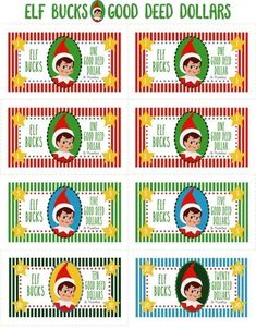 printable elf christmas gift tags with the words elf bucks good, dead dollars on them